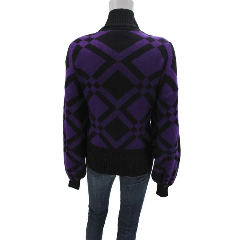 St. John Women Black Argyle Pullover Turtleneck Sweater Long Sleeve Size M